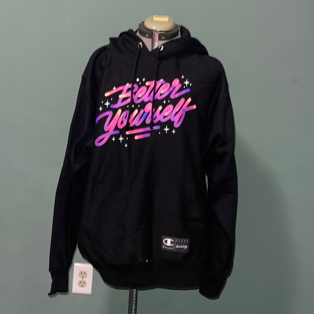 Vintage Champion Reverse Weave Black Hoodie Size XL Better Yourself Vtg